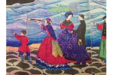 真作　三代 歌川広重　「横浜波止場ヨリ海岸通異人館之真図」　港の風景を描いた木版画の浮世絵　3枚続　(R-085557)