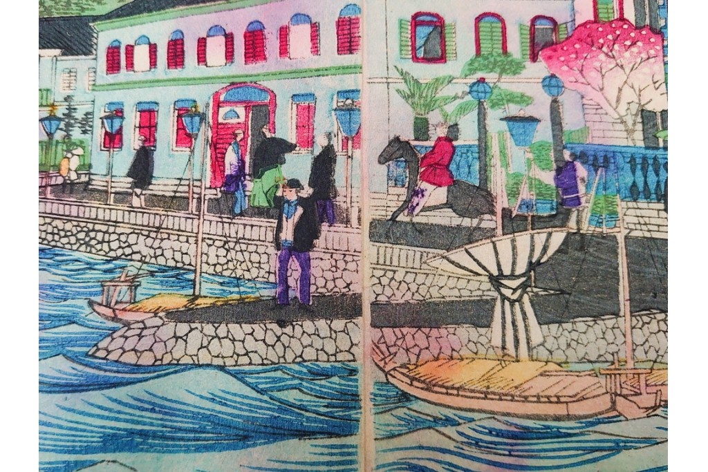 真作　三代 歌川広重　「横浜波止場ヨリ海岸通異人館之真図」　港の風景を描いた木版画の浮世絵　3枚続　(R-085557)