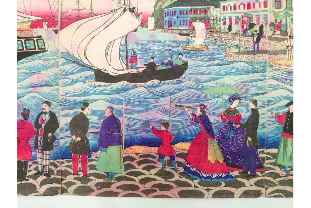 真作　三代 歌川広重　「横浜波止場ヨリ海岸通異人館之真図」　港の風景を描いた木版画の浮世絵　3枚続　(R-085557)