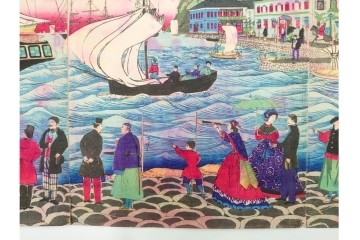 真作　三代 歌川広重　「横浜波止場ヨリ海岸通異人館之真図」　港の風景を描いた木版画の浮世絵　3枚続　(R-085557)