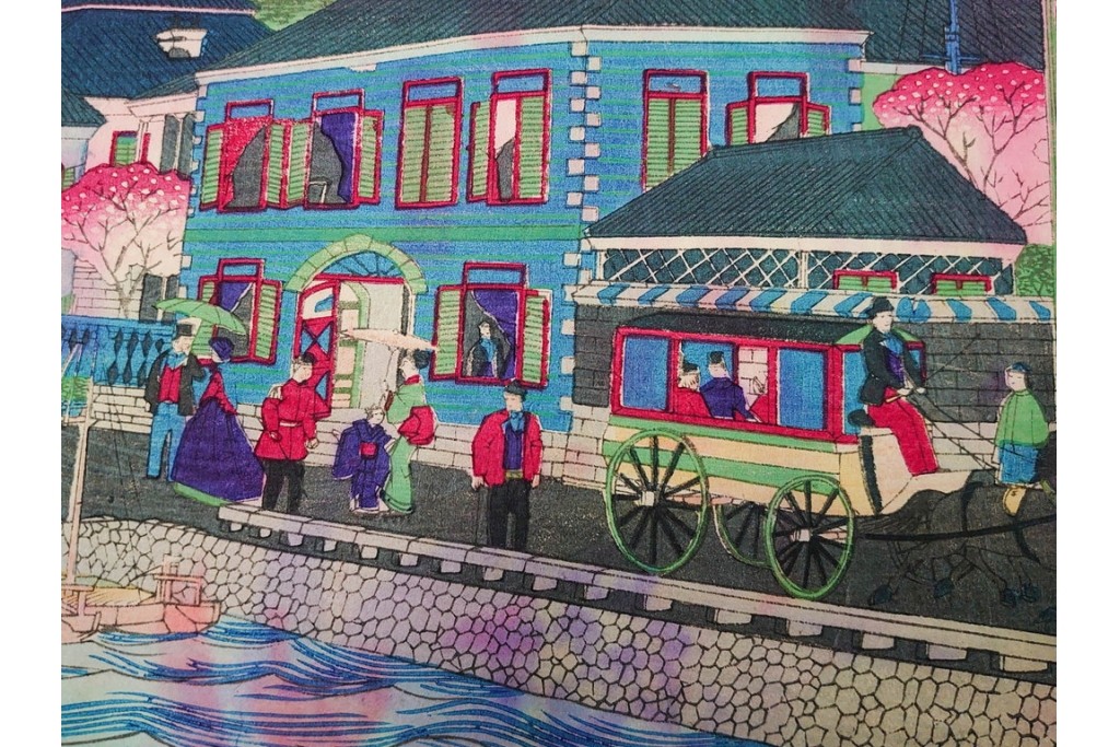 真作　三代 歌川広重　「横浜波止場ヨリ海岸通異人館之真図」　港の風景を描いた木版画の浮世絵　3枚続　(R-085557)