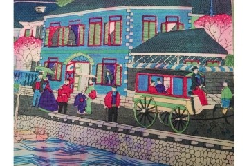 真作　三代 歌川広重　「横浜波止場ヨリ海岸通異人館之真図」　港の風景を描いた木版画の浮世絵　3枚続　(R-085557)