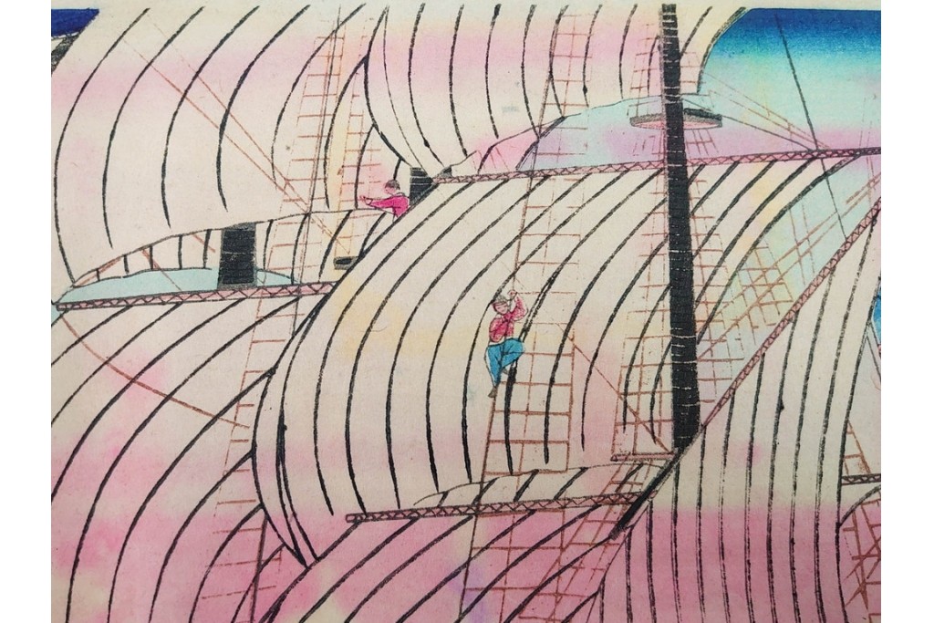 真作　三代 歌川広重　「横浜波止場ヨリ海岸通異人館之真図」　港の風景を描いた木版画の浮世絵　3枚続　(R-085557)