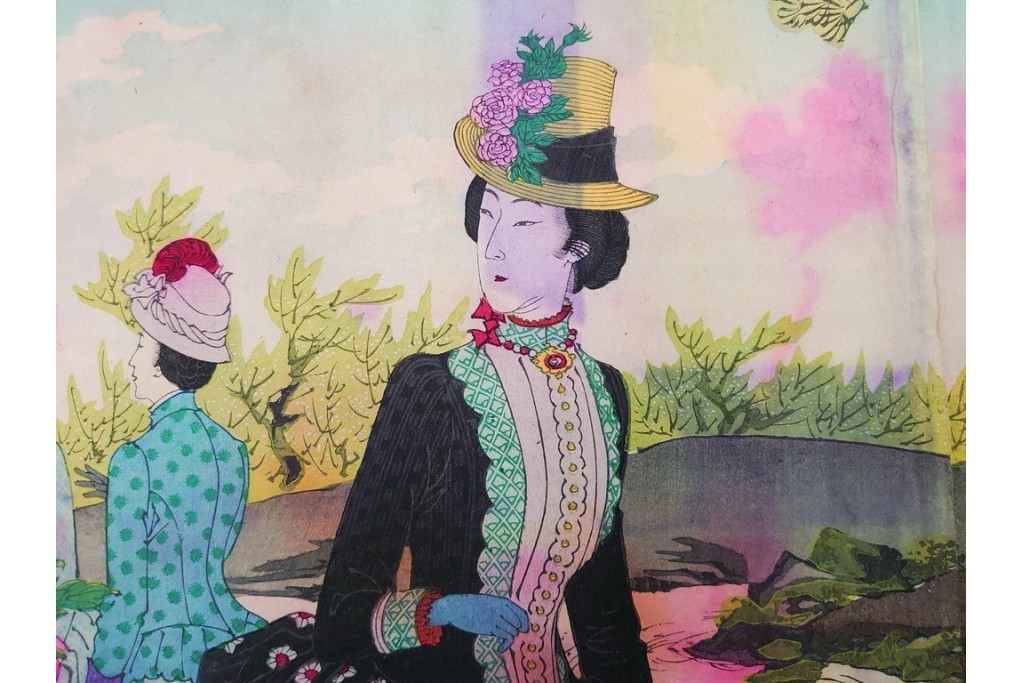 真作　水野年方　「婦有喜倶菜」　洋装の女性と牡丹が華やかな木版画の浮世絵　3枚続　(R-085558)