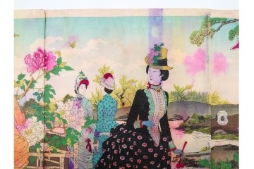 真作　水野年方　「婦有喜倶菜」　洋装の女性と牡丹が華やかな木版画の浮世絵　3枚続　(R-085558)