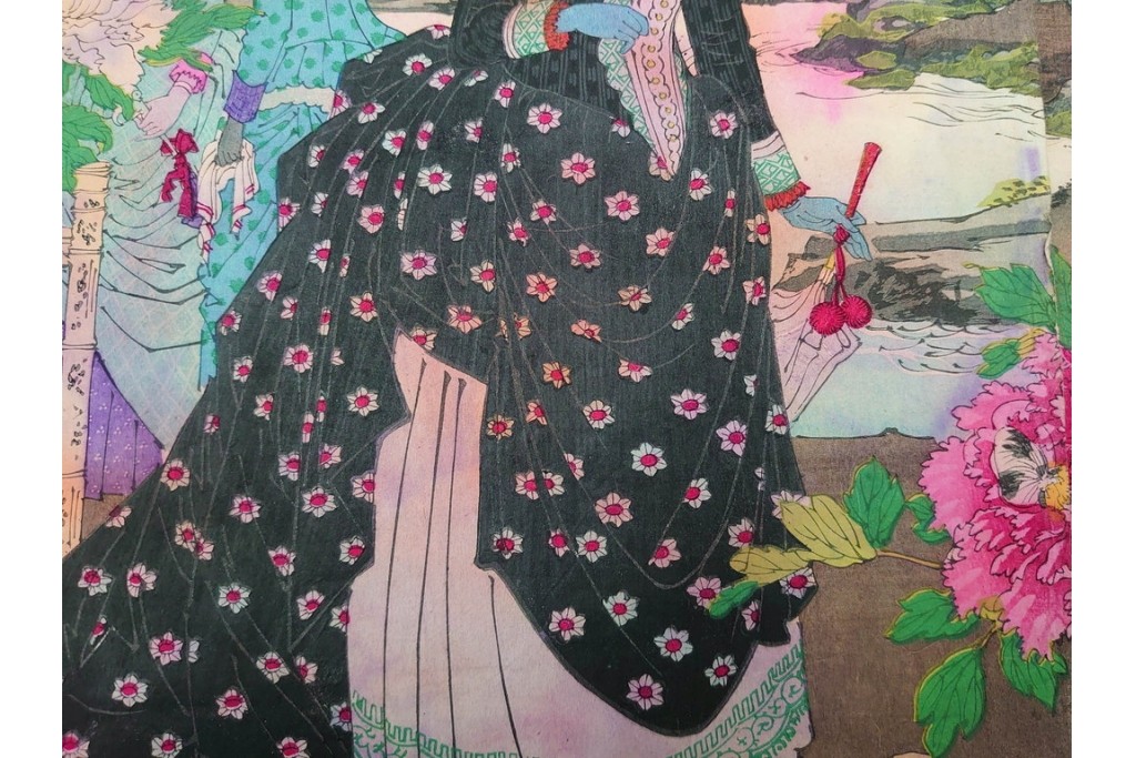 真作　水野年方　「婦有喜倶菜」　洋装の女性と牡丹が華やかな木版画の浮世絵　3枚続　(R-085558)