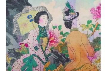 真作　水野年方　「婦有喜倶菜」　洋装の女性と牡丹が華やかな木版画の浮世絵　3枚続　(R-085558)