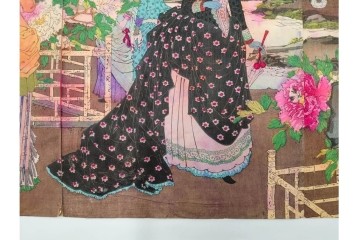 真作　水野年方　「婦有喜倶菜」　洋装の女性と牡丹が華やかな木版画の浮世絵　3枚続　(R-085558)