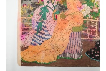 真作　水野年方　「婦有喜倶菜」　洋装の女性と牡丹が華やかな木版画の浮世絵　3枚続　(R-085558)