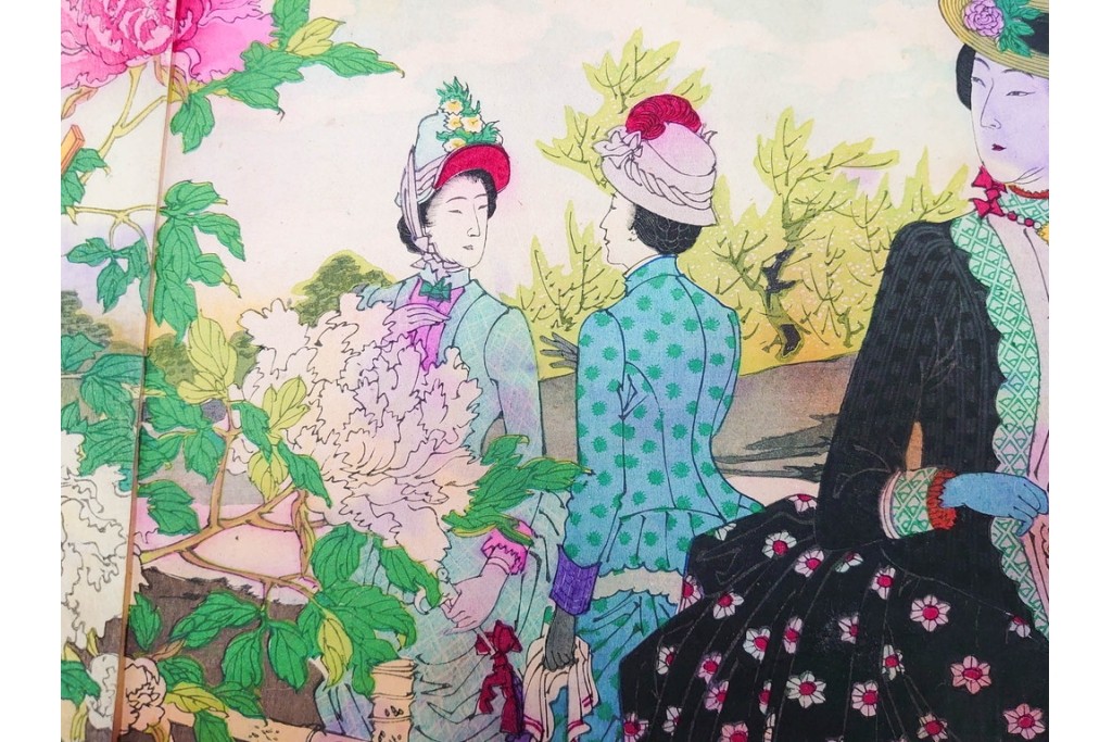 真作　水野年方　「婦有喜倶菜」　洋装の女性と牡丹が華やかな木版画の浮世絵　3枚続　(R-085558)