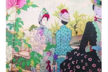 真作　水野年方　「婦有喜倶菜」　洋装の女性と牡丹が華やかな木版画の浮世絵　3枚続　(R-085558)
