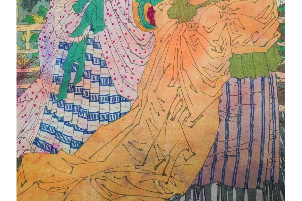 真作　水野年方　「婦有喜倶菜」　洋装の女性と牡丹が華やかな木版画の浮世絵　3枚続　(R-085558)