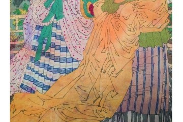 真作　水野年方　「婦有喜倶菜」　洋装の女性と牡丹が華やかな木版画の浮世絵　3枚続　(R-085558)