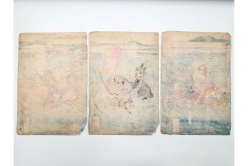 真作　一勇斎国芳(歌川国芳)　「宇治川合戦之図」　迫力ある武者が目を引く木版画の浮世絵　3枚続　(R-085559)