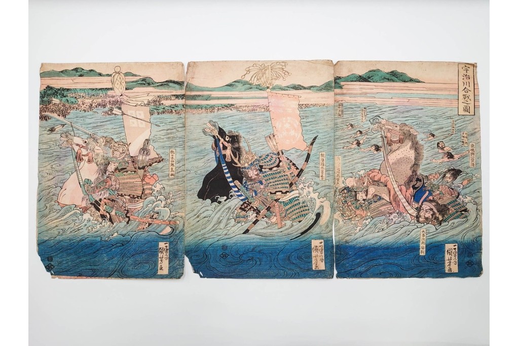 真作　一勇斎国芳(歌川国芳)　「宇治川合戦之図」　迫力ある武者が目を引く木版画の浮世絵　3枚続　(R-085559)