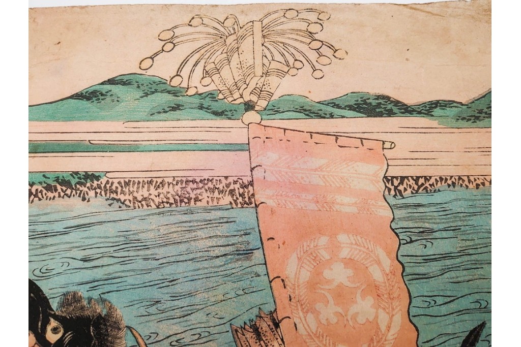 真作　一勇斎国芳(歌川国芳)　「宇治川合戦之図」　迫力ある武者が目を引く木版画の浮世絵　3枚続　(R-085559)