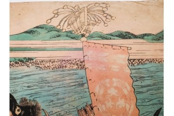 真作　一勇斎国芳(歌川国芳)　「宇治川合戦之図」　迫力ある武者が目を引く木版画の浮世絵　3枚続　(R-085559)