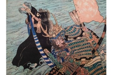 真作　一勇斎国芳(歌川国芳)　「宇治川合戦之図」　迫力ある武者が目を引く木版画の浮世絵　3枚続　(R-085559)