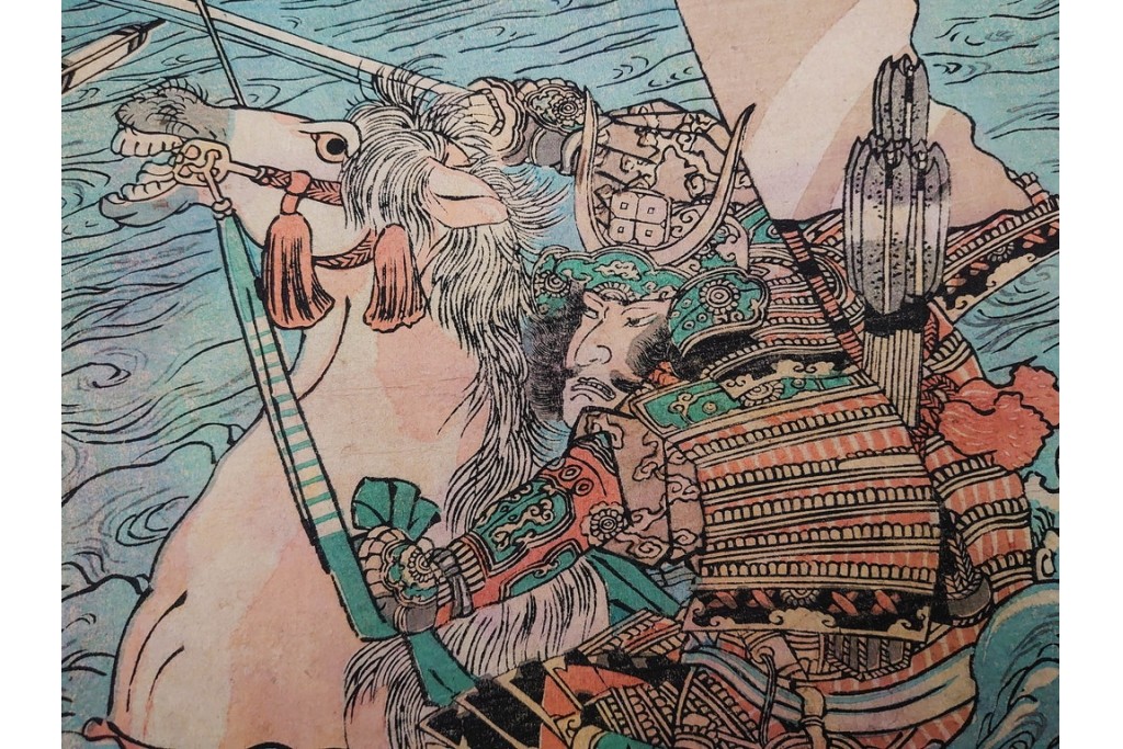 真作　一勇斎国芳(歌川国芳)　「宇治川合戦之図」　迫力ある武者が目を引く木版画の浮世絵　3枚続　(R-085559)