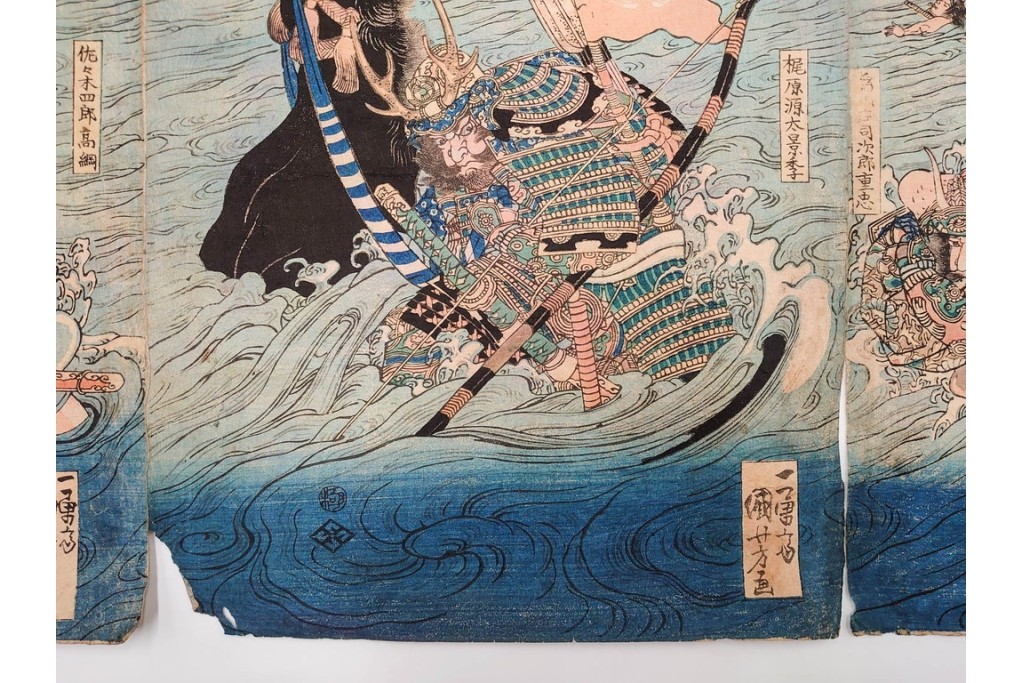 真作　一勇斎国芳(歌川国芳)　「宇治川合戦之図」　迫力ある武者が目を引く木版画の浮世絵　3枚続　(R-085559)