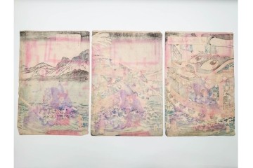 真作　一勇斎国芳(歌川国芳)　「美盾八競 帰帆」　荒波と豪華な船を描いた木版画の浮世絵　3枚続　(R-085560)