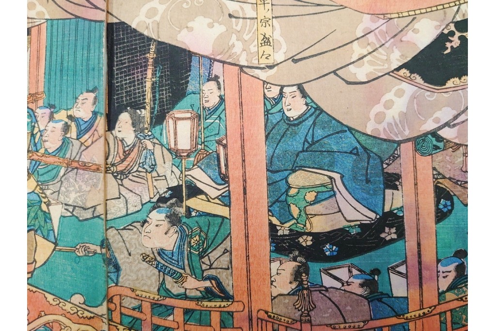 真作　一勇斎国芳(歌川国芳)　「美盾八競 帰帆」　荒波と豪華な船を描いた木版画の浮世絵　3枚続　(R-085560)