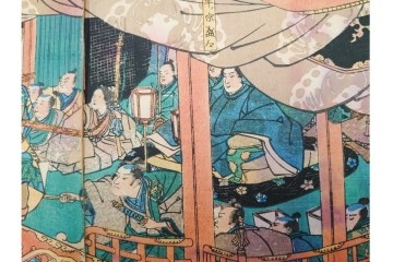 真作　一勇斎国芳(歌川国芳)　「美盾八競 帰帆」　荒波と豪華な船を描いた木版画の浮世絵　3枚続　(R-085560)