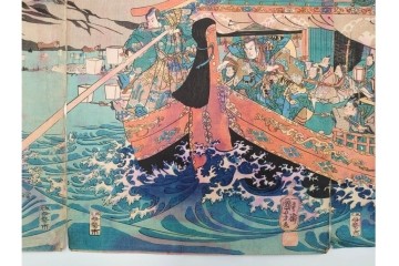 真作　一勇斎国芳(歌川国芳)　「美盾八競 帰帆」　荒波と豪華な船を描いた木版画の浮世絵　3枚続　(R-085560)