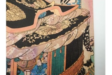真作　一勇斎国芳(歌川国芳)　「美盾八競 帰帆」　荒波と豪華な船を描いた木版画の浮世絵　3枚続　(R-085560)