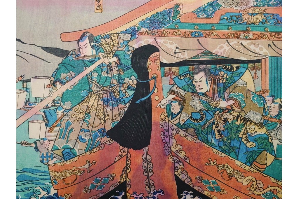 真作　一勇斎国芳(歌川国芳)　「美盾八競 帰帆」　荒波と豪華な船を描いた木版画の浮世絵　3枚続　(R-085560)