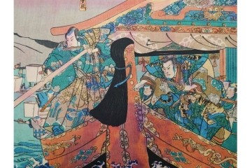 真作　一勇斎国芳(歌川国芳)　「美盾八競 帰帆」　荒波と豪華な船を描いた木版画の浮世絵　3枚続　(R-085560)