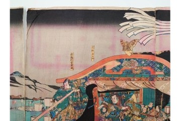 真作　一勇斎国芳(歌川国芳)　「美盾八競 帰帆」　荒波と豪華な船を描いた木版画の浮世絵　3枚続　(R-085560)