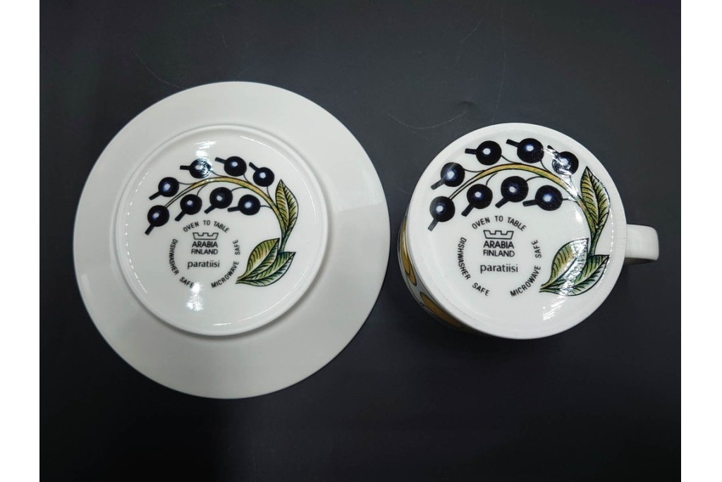 フィンランド　ARABIA(アラビア)　paratiisi(パラティッシ)　フルーツモチーフが華やかなカップ&ソーサー2客・ボウル2点・プレートのセット　(R-085563)