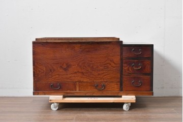 和製アンティーク　総欅材　縁(黒柿材)　欅材の美しい杢目を楽しめる長火鉢　(R-085589)