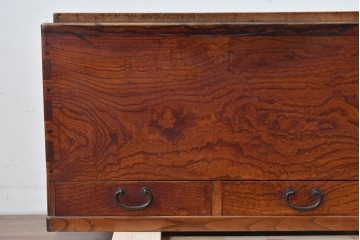 和製アンティーク　総欅材　縁(黒柿材)　欅材の美しい杢目を楽しめる長火鉢　(R-085589)