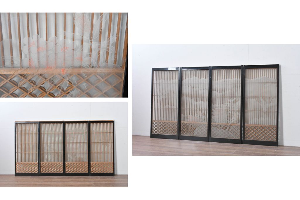 ヴィンテージ建具　高級品　希少　エッチングガラス入り書院戸4枚セット　(R-085598)