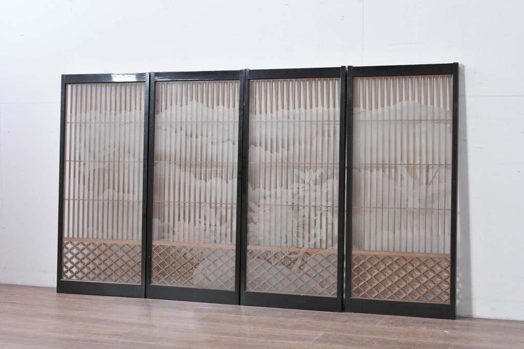 ヴィンテージ建具　高級品　希少　エッチングガラス入り書院戸4枚セット　(R-085598)