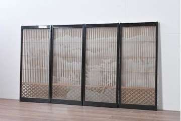 ヴィンテージ建具　高級品　希少　エッチングガラス入り書院戸4枚セット　(R-085598)