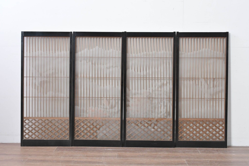 ヴィンテージ建具　高級品　希少　エッチングガラス入り書院戸4枚セット　(R-085598)