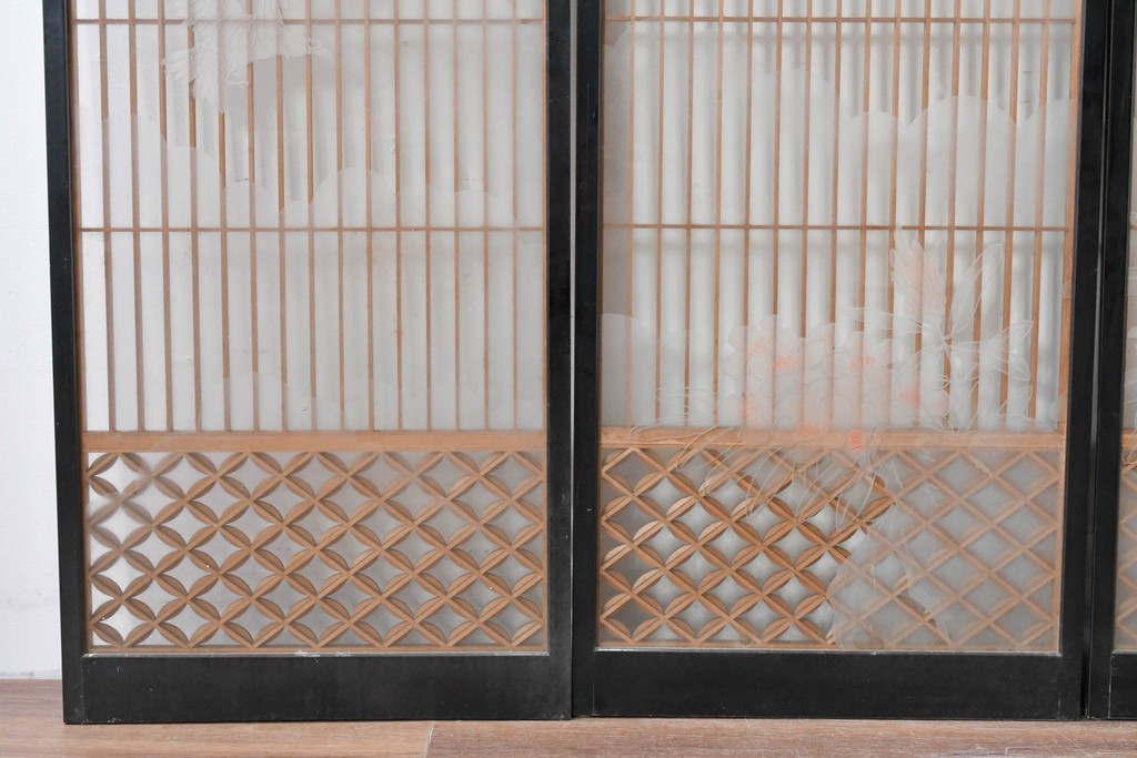ヴィンテージ建具　高級品　希少　エッチングガラス入り書院戸4枚セット　(R-085598)