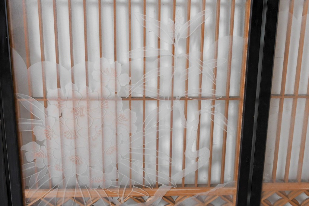 ヴィンテージ建具　高級品　希少　エッチングガラス入り書院戸4枚セット　(R-085598)