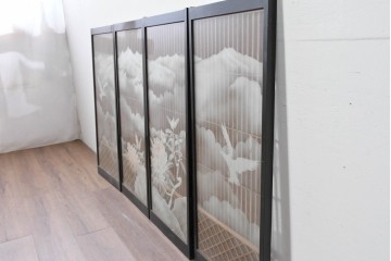 ヴィンテージ建具　高級品　希少　エッチングガラス入り書院戸4枚セット　(R-085598)