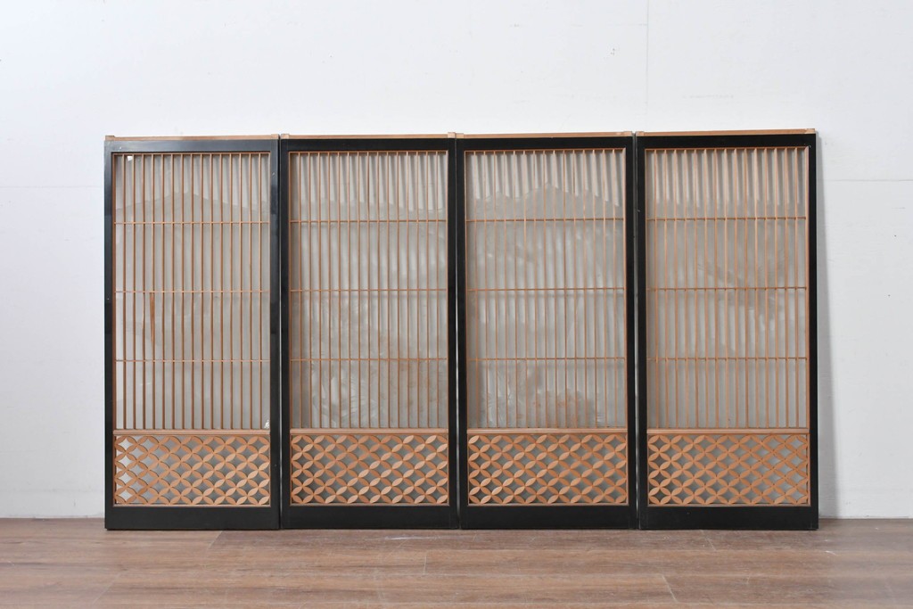 ヴィンテージ建具　高級品　希少　エッチングガラス入り書院戸4枚セット　(R-085598)