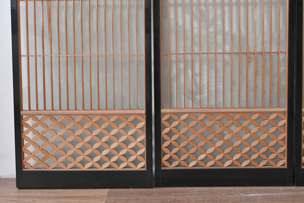 ヴィンテージ建具　高級品　希少　エッチングガラス入り書院戸4枚セット　(R-085598)