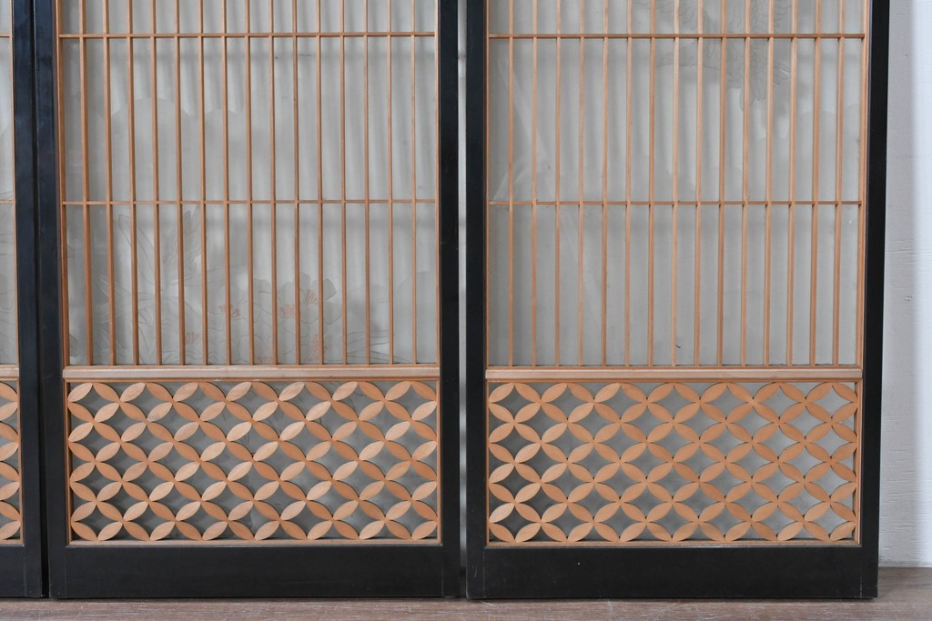 ヴィンテージ建具　高級品　希少　エッチングガラス入り書院戸4枚セット　(R-085598)