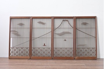 ヴィンテージ建具　昭和中期　雄大な富士山を描いた組子入り書院窓4枚セット　(R-085601)