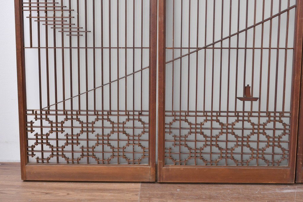 ヴィンテージ建具　昭和中期　雄大な富士山を描いた組子入り書院窓4枚セット　(R-085601)