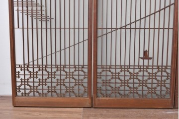 ヴィンテージ建具　昭和中期　雄大な富士山を描いた組子入り書院窓4枚セット　(R-085601)