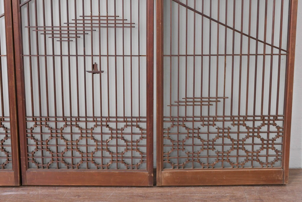 ヴィンテージ建具　昭和中期　雄大な富士山を描いた組子入り書院窓4枚セット　(R-085601)