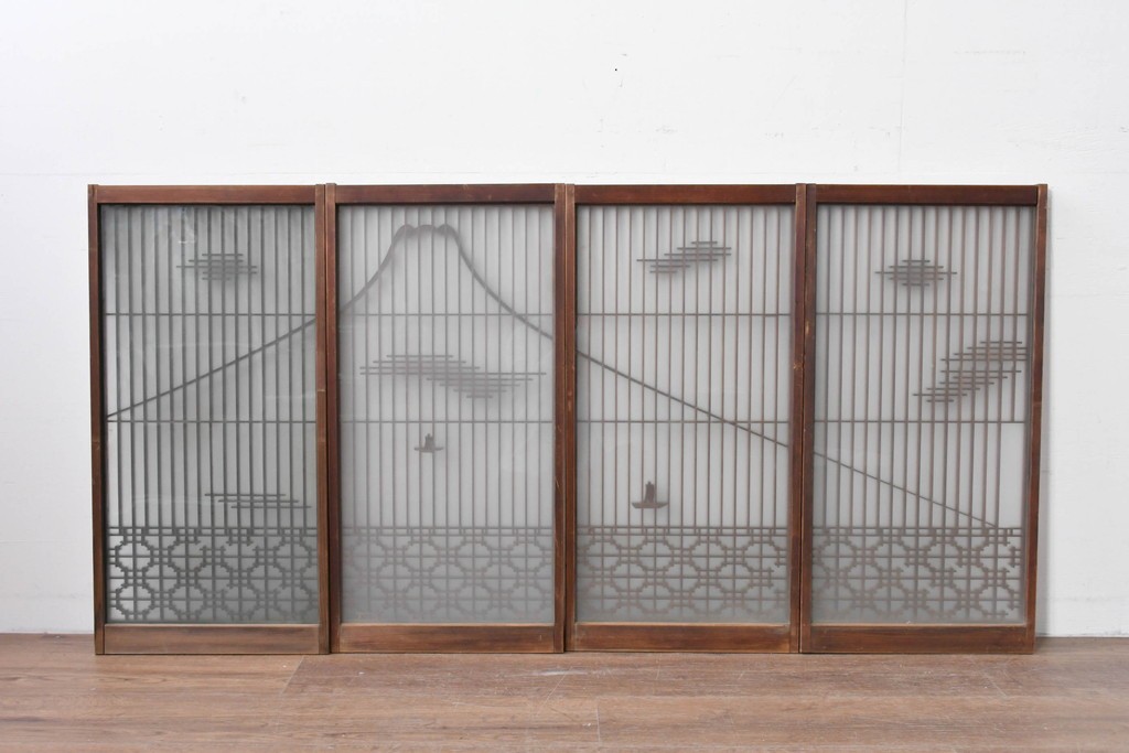 ヴィンテージ建具　昭和中期　雄大な富士山を描いた組子入り書院窓4枚セット　(R-085601)